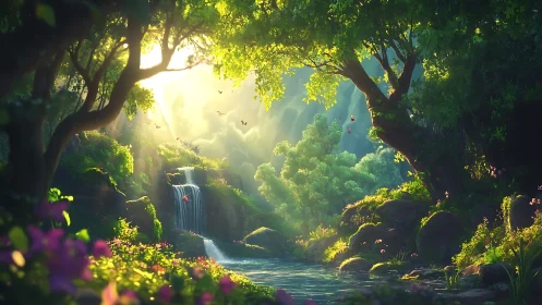 Luminescent Forest Landscape with Waterfall and Floral Foreground