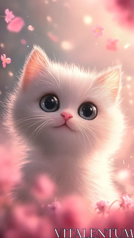Ethereal White Feline Portrait in Soft Pink Bokeh Environment