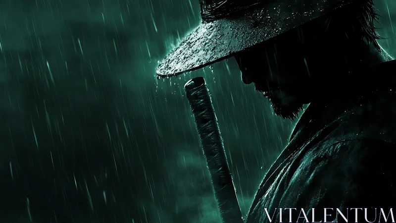 Silhouetted swordsman stands in rainfall under wide-brimmed hat
