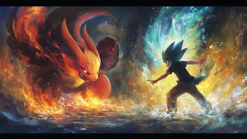 Human figure confronts fiery creature in elemental clash.