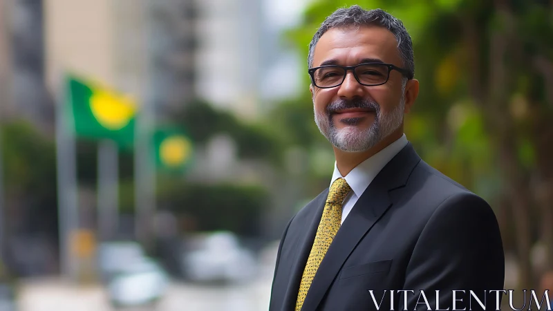 Smiling professional man stands outdoors in blurred city street