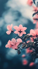 Pink Blossoms Against Teal: Selective Focus Botanical Study