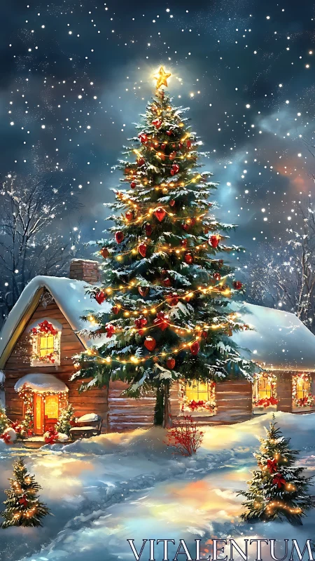 Snow-covered cabin with illuminated outdoor Christmas tree.