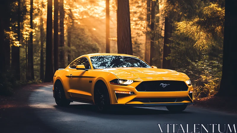 Yellow sports coupe glows under warm forest sunset light