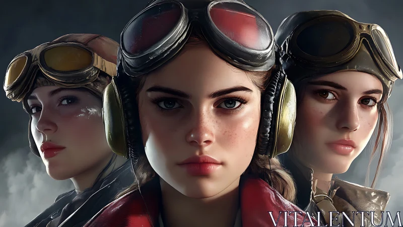 Three young aviators stare forward in detailed close-up