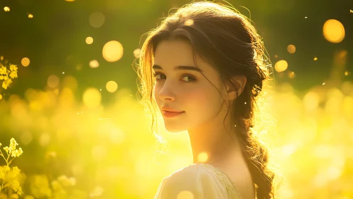 Young woman stands in backlit field with shallow depth of field