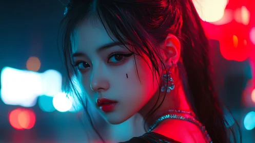 Female subject in neon-lit urban night portrait scene