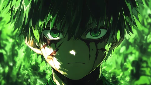 Green haired anime boy with intense gaze and scars.
