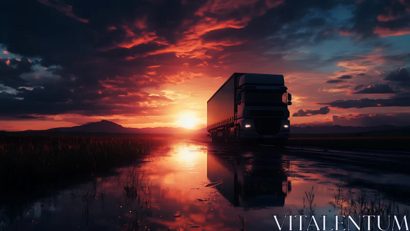 Cargo truck crossing wet highway at vivid sunset.