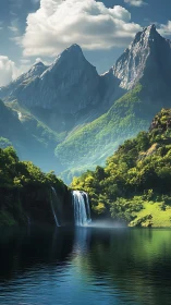 Mountain lake waterfall under towering sunlit peaks.