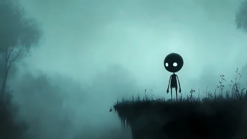 Tiny wanderer on a misty cliffside between worlds.