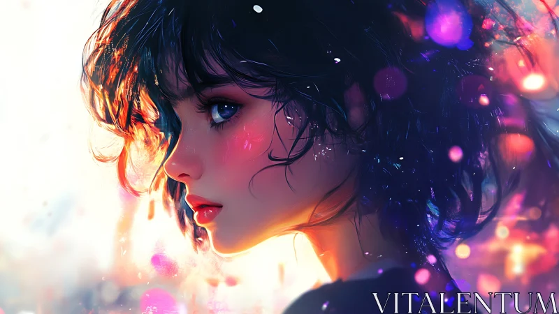 Neon dusk portrait of a wistful girl in prismatic glow.