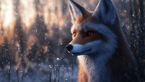 Vivid digital fox portrait in snowy winter forest dusk.
