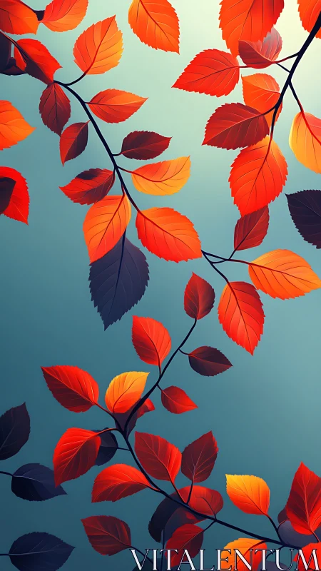 Autumn leaves glow against soft teal gradient sky backdrop.