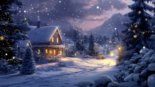 Snow-covered cabin and trees with winter evening lighting.