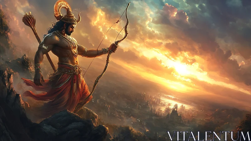 Epic archer deity overlooks mythic city in cinematic sunset light