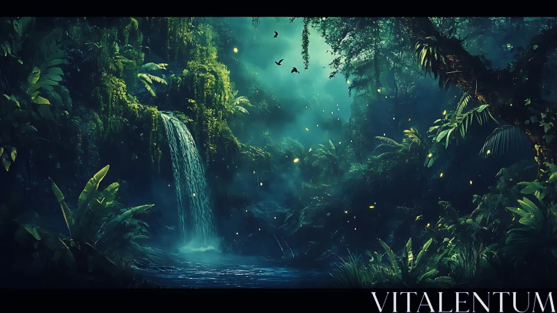 Bioluminescent Jungle Waterfall in Mystical Darkness