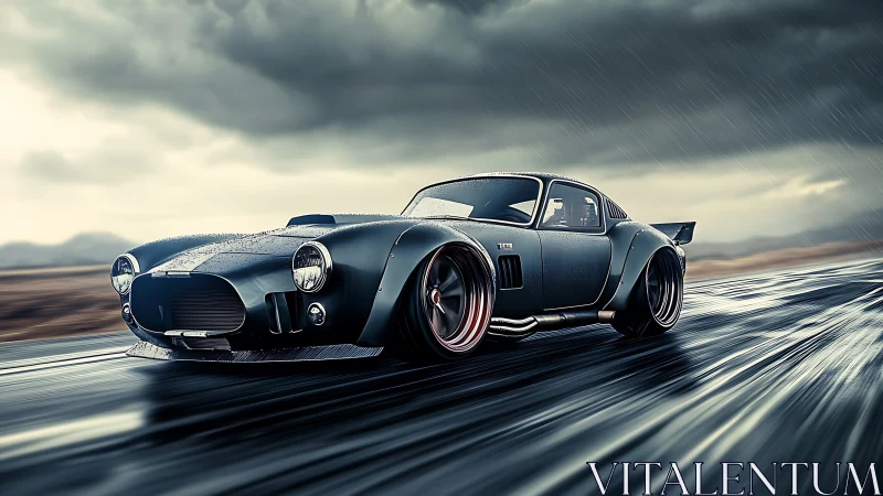 Stormy highway classic car racing through silver rain-soaked light.