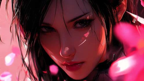 Close portrait of stylized woman amid pink abstract light.