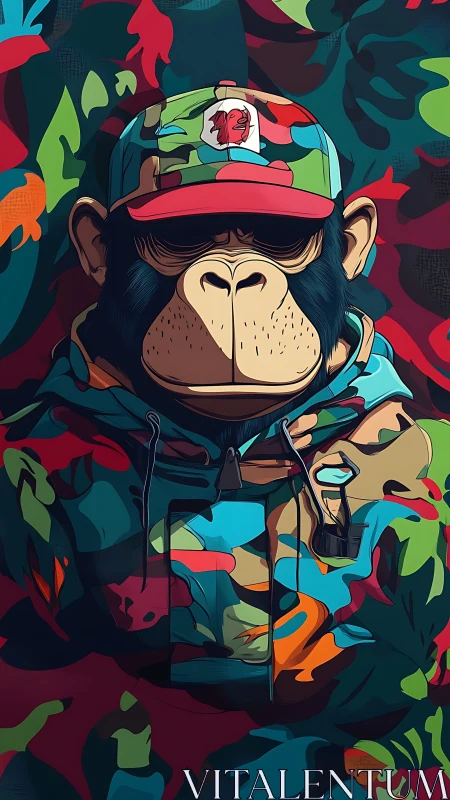 Camouflage-clad cartoon chimp portrait in bold saturated color