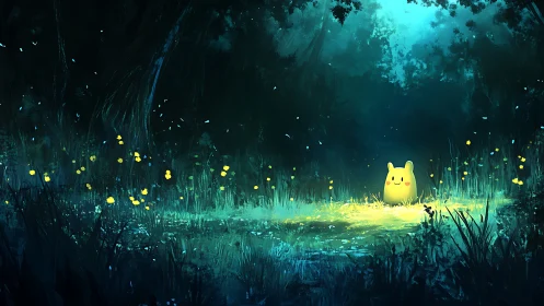 Glowing creature illuminates a mystical forest clearing at night.