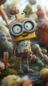 Rustic cartoon robot standing in colorful cactus field.