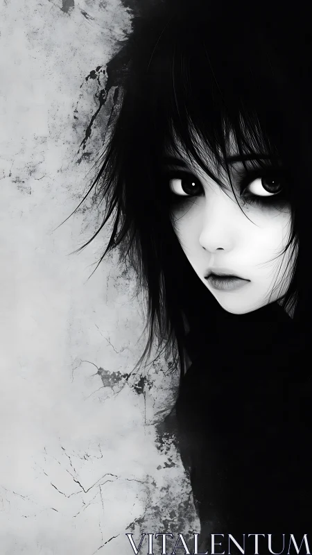 Monochrome emo portrait with high-contrast chiaroscuro rendering.