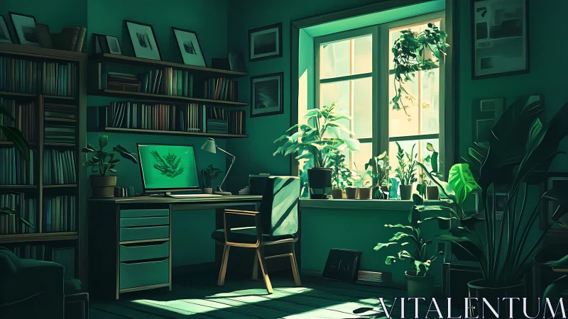 Biophilic home office with lush plants and teal lighting.