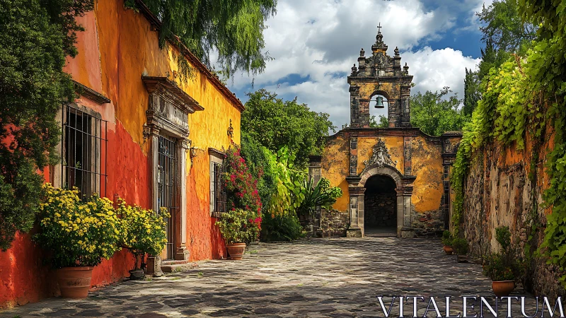 Historic courtyard with colorful walls and stone bell tower.
