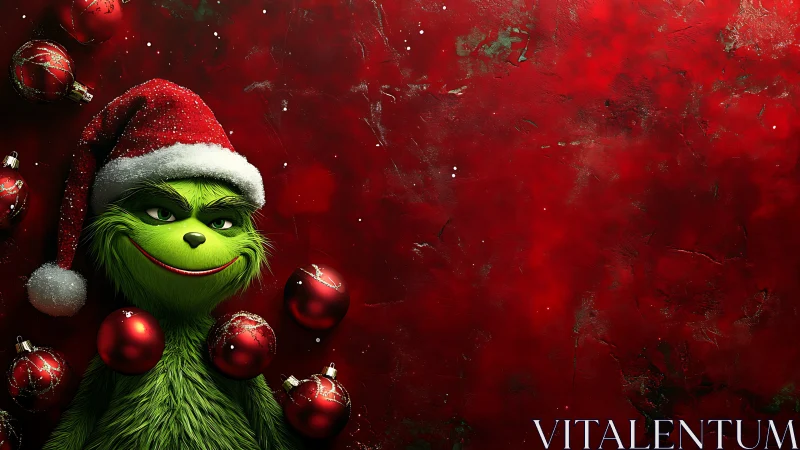 Mischievous green creature in Santa hat with red baubles.
