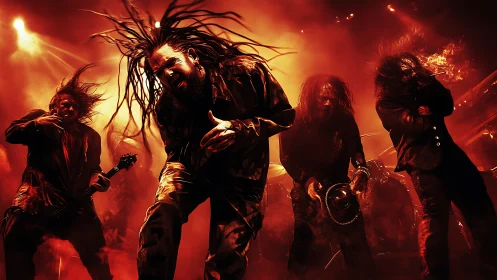 Aggressive metal band under saturated red stage lighting performs