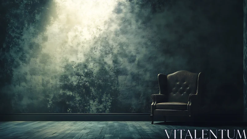 Solitary leather armchair basking in a haunted spotlight glow.
