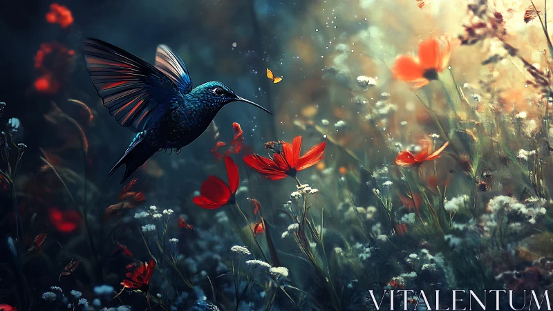 Iridescent hummingbird in bokeh-lit wildflower meadow at dusk