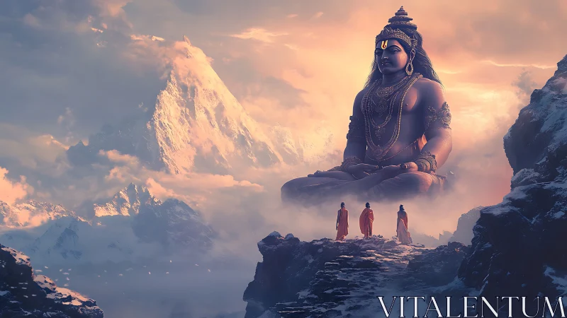 Monks ascend toward colossal Himalayan deity in volumetric dawn light