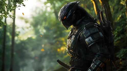 Chrome jungle sentinel with ember eyes stalks the dawn.