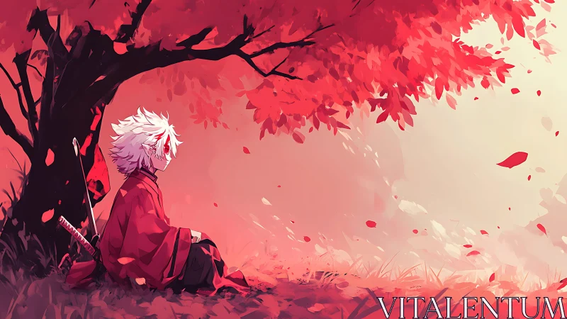 Solitary anime swordsman resting beneath crimson maple canopy