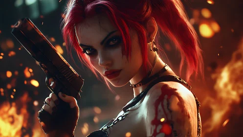 Red haired gunwoman in fiery action scene portrait.