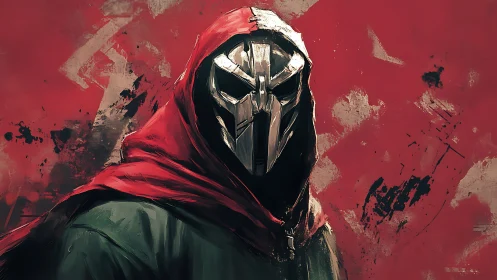 Mysterious masked wanderer gazes out from bold red shadows