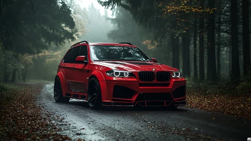 Bold red SUV stands confidently on a misty forest road