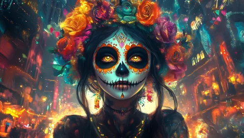 Calavera face portrait with floral crown in city lights.