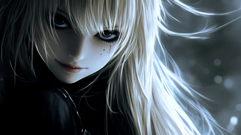 Silver-haired anime girl gazes darkly through soft blue light