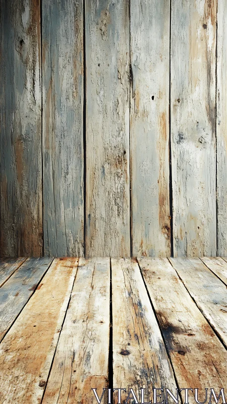 Weathered wooden floor and wall form rustic vertical interior plane