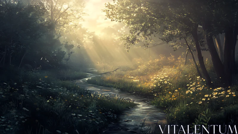 Sunlit forest stream winding through wildflower clearing.