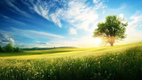 Solitary tree anchors luminous meadow under sweeping sky