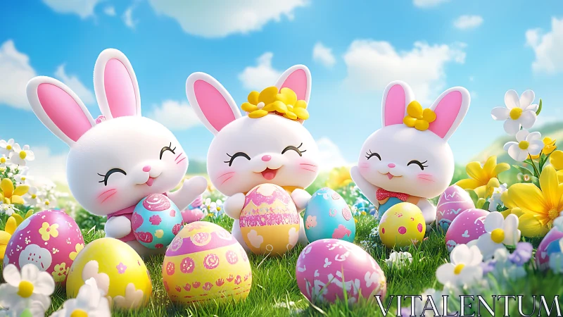 Cartoon rabbits with decorated Easter eggs in flower field.