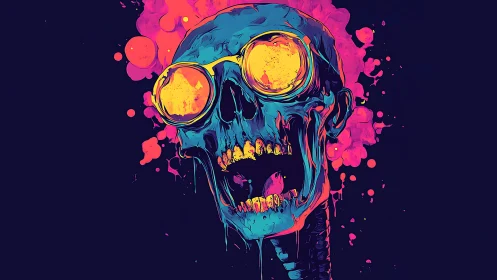 Neon-drenched skull laughs loud beneath dripping cosmic paint