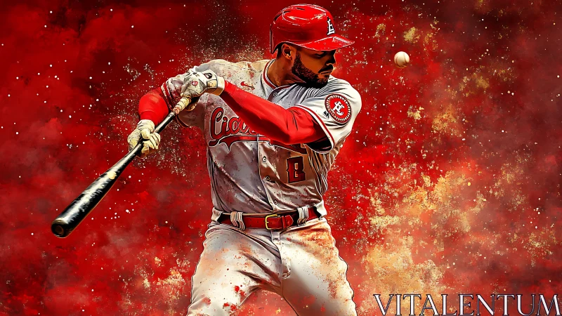 Baseball hitter swings bat amid explosive red abstract motion