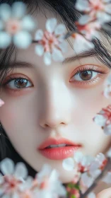 Hyperreal close-up portrait framed by soft-focus blossoms