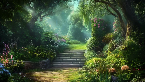 Sunlit garden path with stone steps and dense foliage.