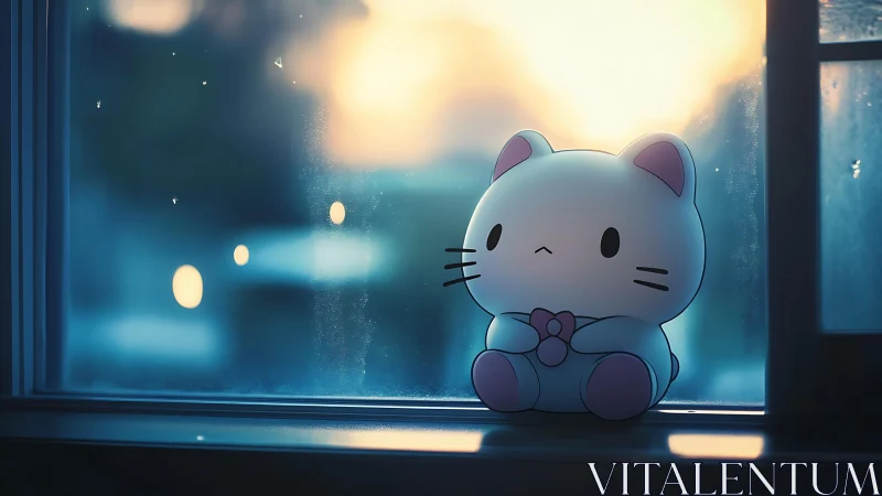 Soft pastel cat plush toy at dusky rainlit window glow.